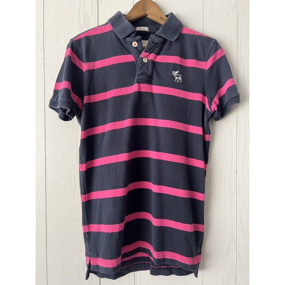 Abercrombie Fitch Muscle Fit Polo Shirt Mens Blue Pink Stripe Moose Logo